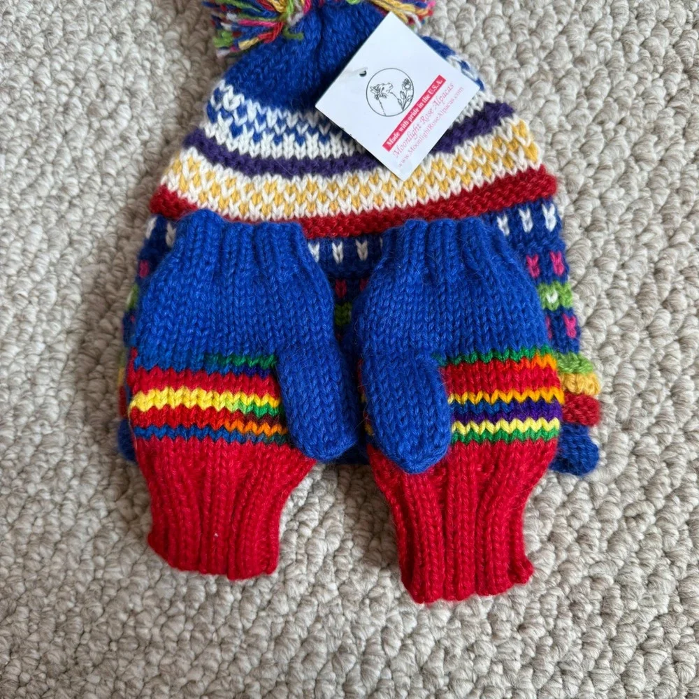 Moonlight Rose Alpacas Kids Rainbow Stripe Knit Hat and Mitten‎ Set Made in USA